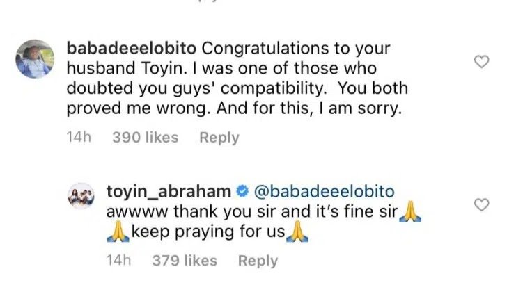 Man Apologizes To Toyin Abraham For Doubting Her Marriage Would Work