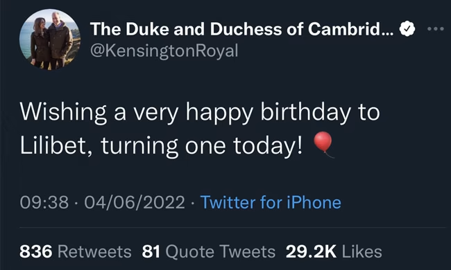 Kate and William wished Lili happy birthday on Twitter
