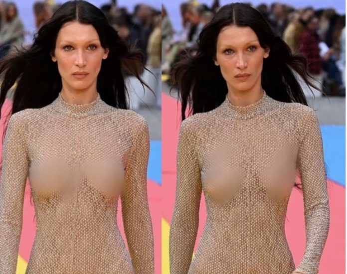 633bf31100cf7 Supermodel Bella Hadid goes braless as she walks the runway for the Stella McCartney show at PFW (photos)