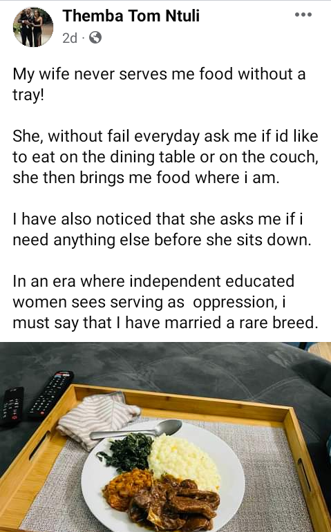 She never serves me food without a tray and always ask if I need anything before sitting down - Man brags about his submissive wife