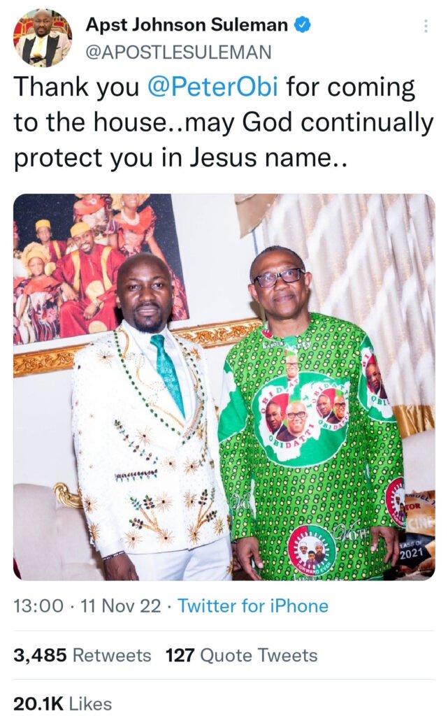 Apostle Johnson Suleman Thanks Peter Obi For Visiting Him At Home Following Attack On His Convoy