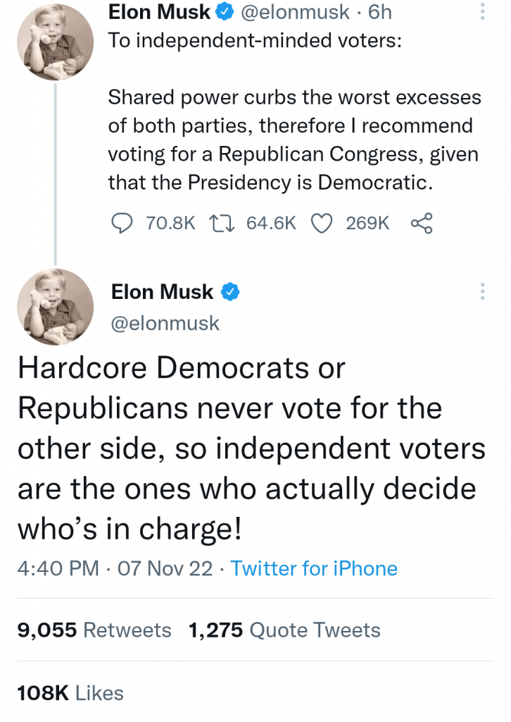 "Shared power curbs the worst excesses of both parties" - Elon Musk asks his followers to vote for Republicans in U.S. midterms