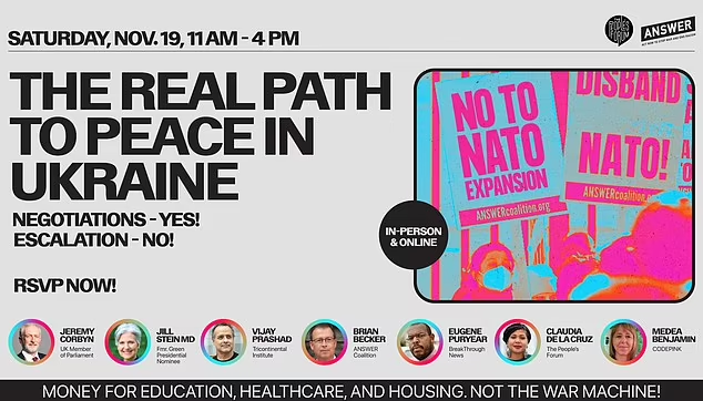 Hard-left organisers The People's Forum parrot pro-Moscow talking points on the event's web page, blaming the invasion of Ukraine on NATO expansion and US imperialism