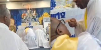 Trending video of clergymen struggling for who would conduct service in a white garment church Trending video of clergymen struggling for who would conduct service in a white garment church