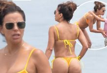 Eva Longoria REVEALS her ample assets in tiny orange thong bikini during beach day in Spain