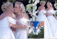 Rebel Wilson and NEW wife Ramona Agruma share a kiss in near-identical wedding dresses