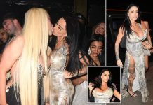 Katie Price LOCKS lips with Jessica Alves as she shows her ‘biggest lips ever’ at the UK Glamour Awards