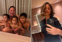 Chrissy Teigen DEFENDS HERSELF after taking a bath with three of her four children under age six