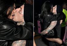 Kourtney Kardashian kisses husband Travis Barker, THEN jumped in his arms at Super Bowl event