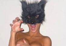 Bianca Censori strips TOPLESS in a cat mask after she stepped out with no underwear in a very sheer gown