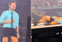Harry Styles CHOKES on water and falls to the ground at his Wembley gig