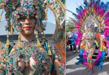 Rihanna bears skin and goes braless in daring bejewelled outfit at famous Bajan carnival